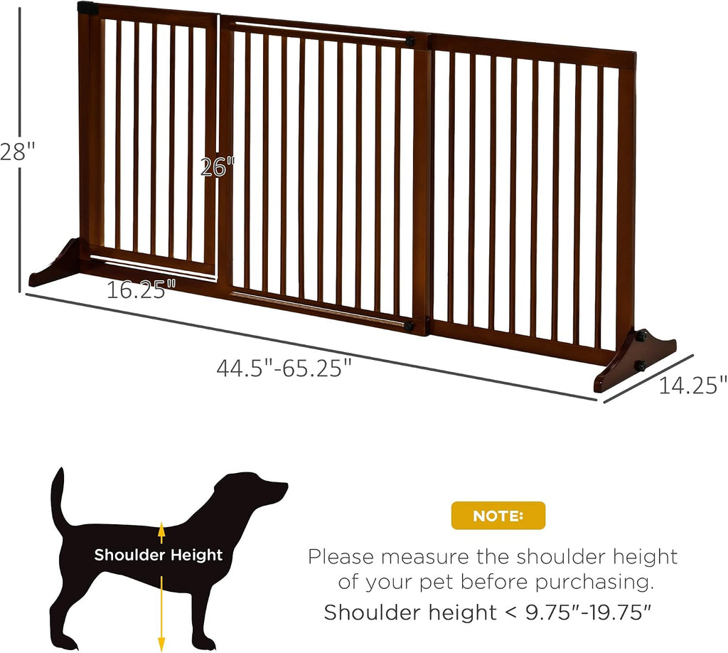 Freestanding Wooden Pet Gate, 3-Panel Adjustable with Lockable Door, Brown