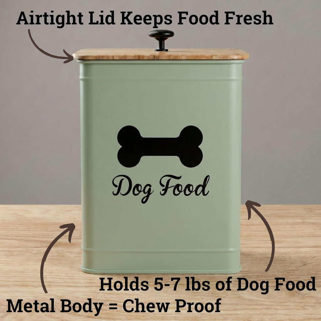 Metal Dog Food Container 5-7lb, 25 Cup w/ Airtight Bamboo Lid, Metal Handle