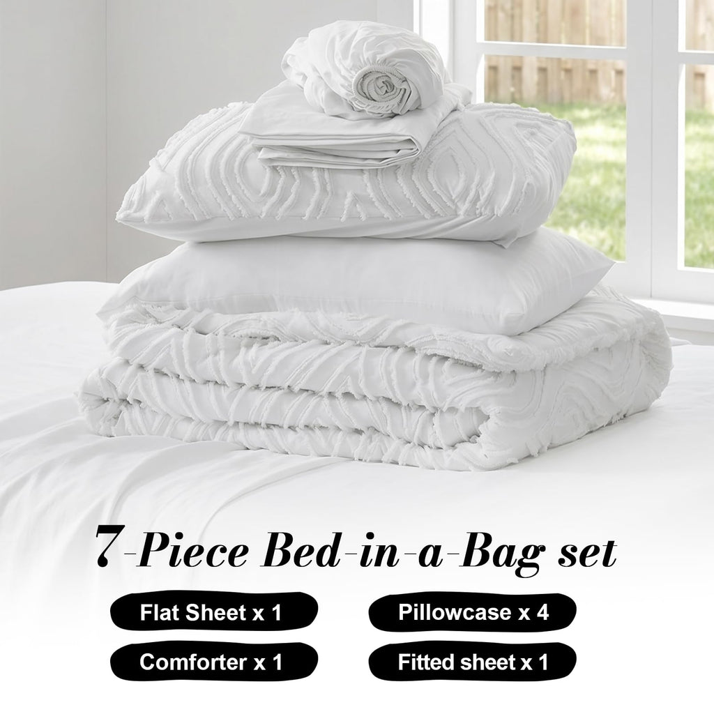 7 Pieces White Comforter Set for All Seasons Tufted Boho Bedding Set Farmhouse Bed in A Bag as Gifts (1