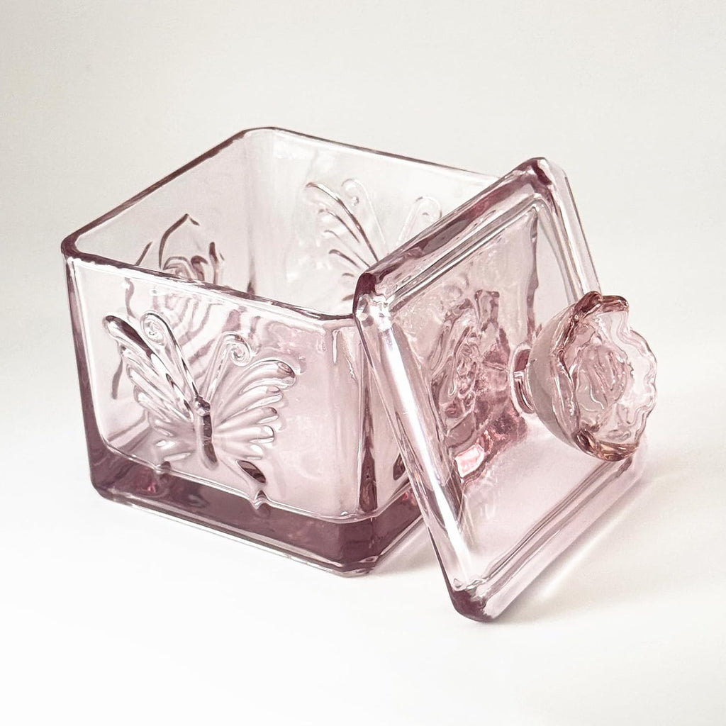 Pink Glass Candy Box - Cute Glass Jar with Lids for Storage Cookie, Vintage Candy Jar Dish Desk Buffet
