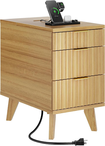 Narrow Nightstand with Hidden Outlets & USB Ports, Modern Fluted Bedside Table with 3 Drawers, Engineering Wooden End
