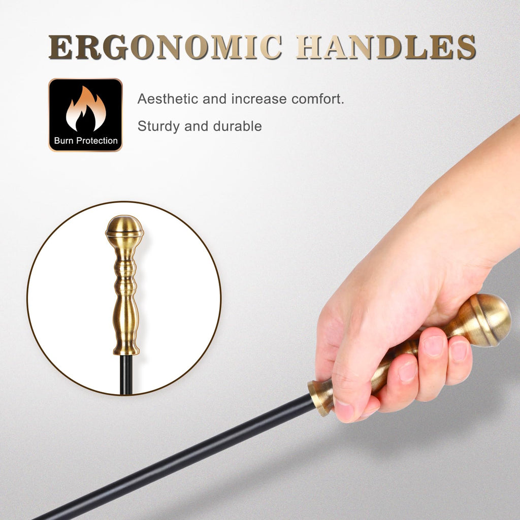 Fireplace Tools Set 5 Pcs Wrought Iron Large Fire Tool Set with Brass Handles for Outdoor/Indoor, Fireplace