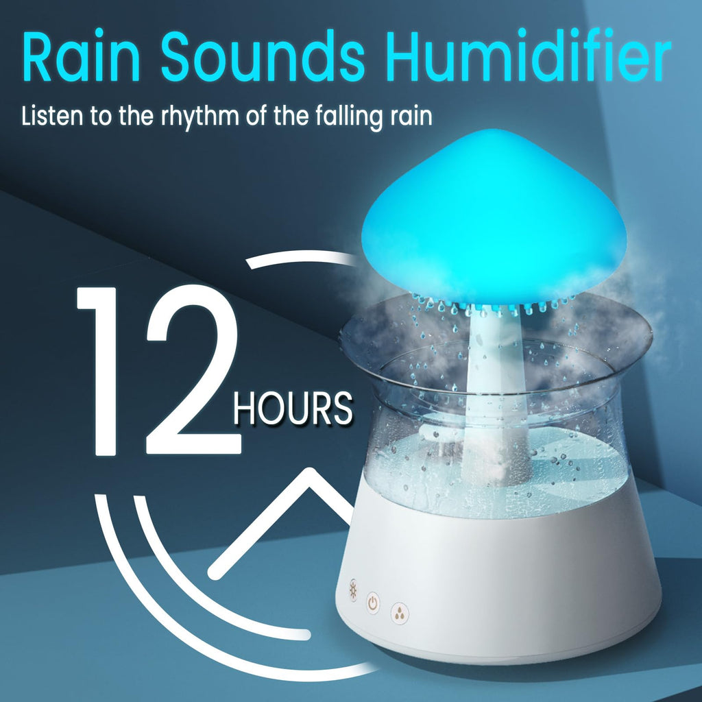 Cloud Humidifier Rain Water Drip Diffuser Humidifier with Remote Waterfall Lamp Mushroom Humidifier Rain Sounds White