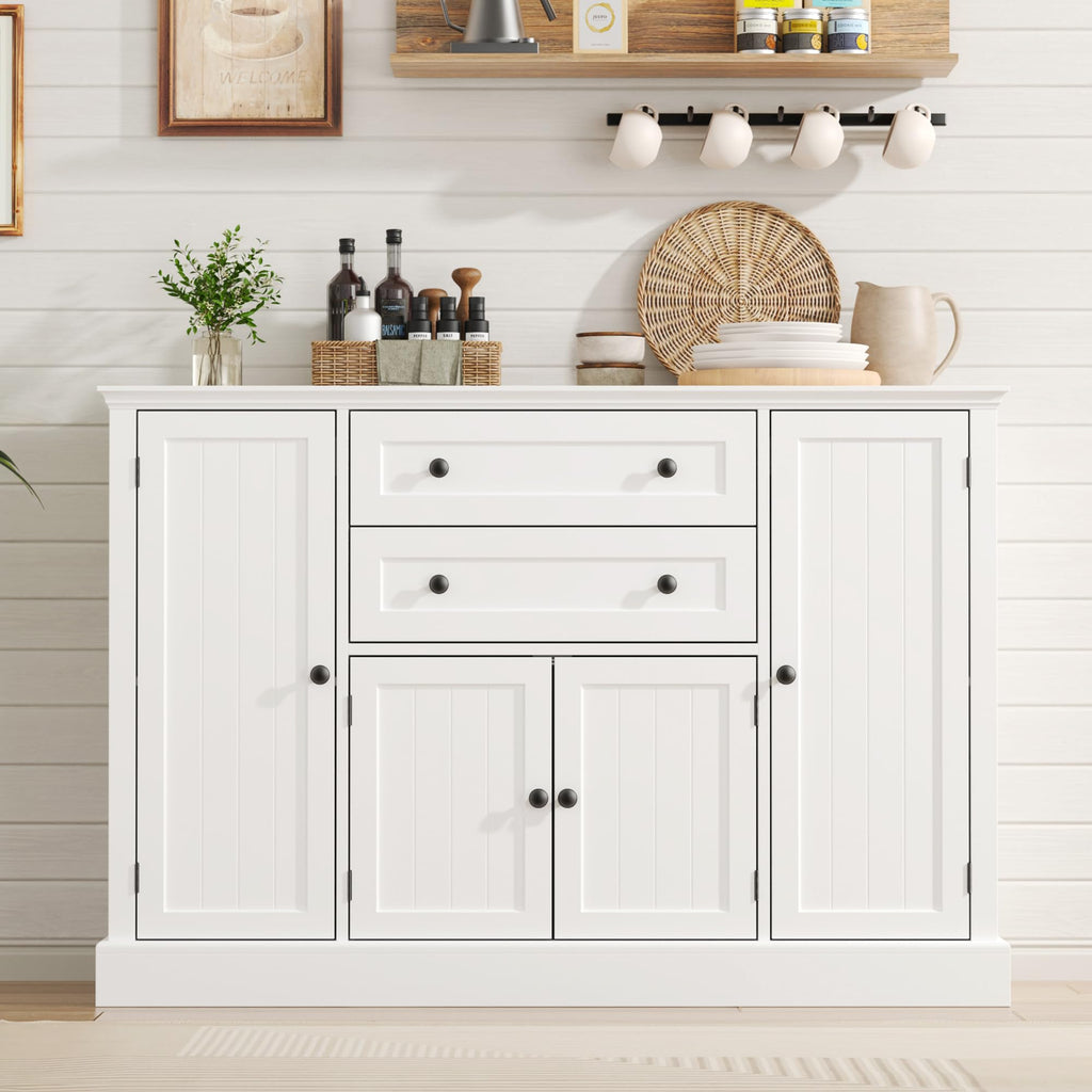 Farmhouse 47" Buffet Cabinet with Storage, Large Sideboard Buffet with Drawers and Adjustable Shelves, Rustic Coffee