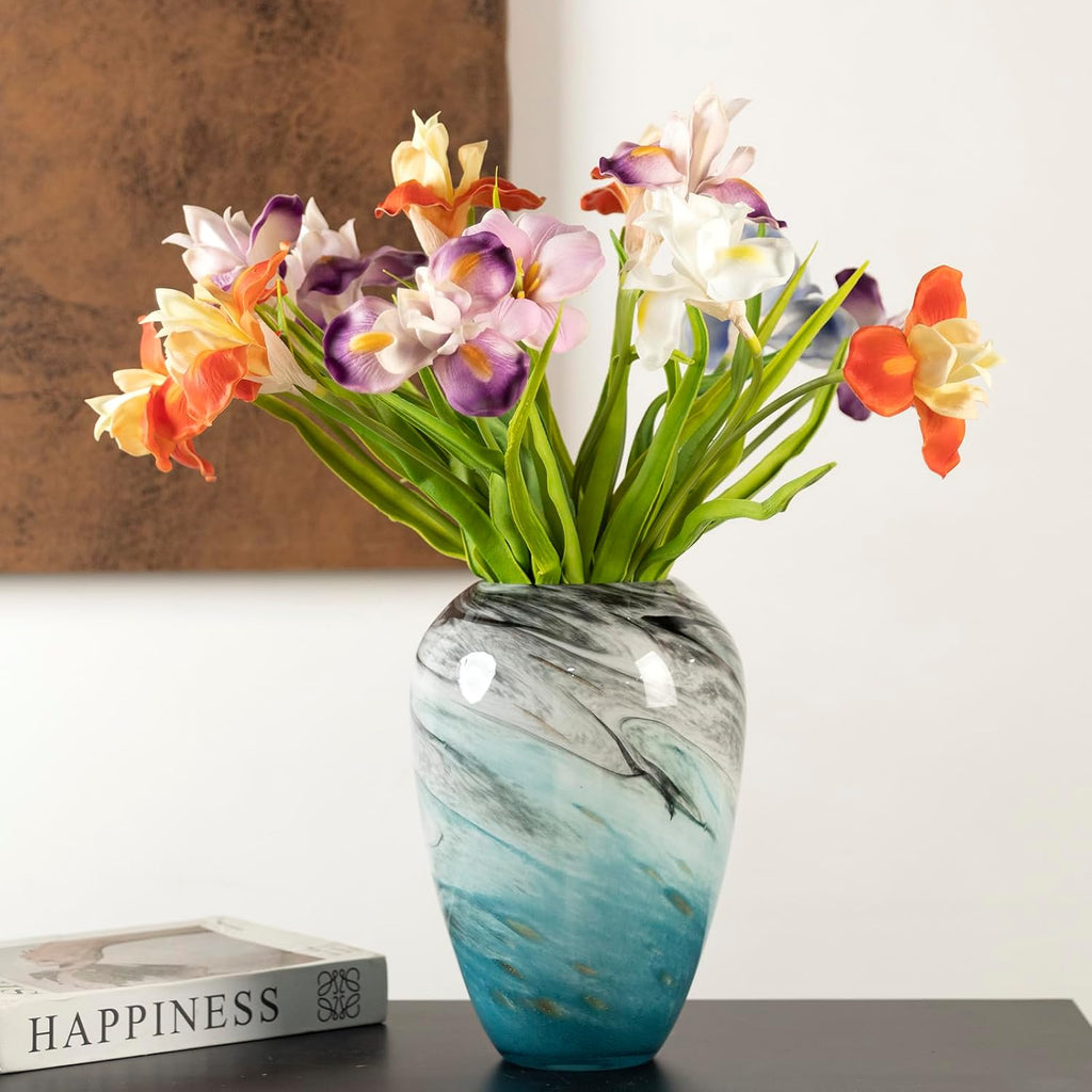 11" H Teal Glass Vases for Flowers, Unique Hand Blown Glass Vase Blue Home Decor, Wide Mouth Colorful Flower Vase