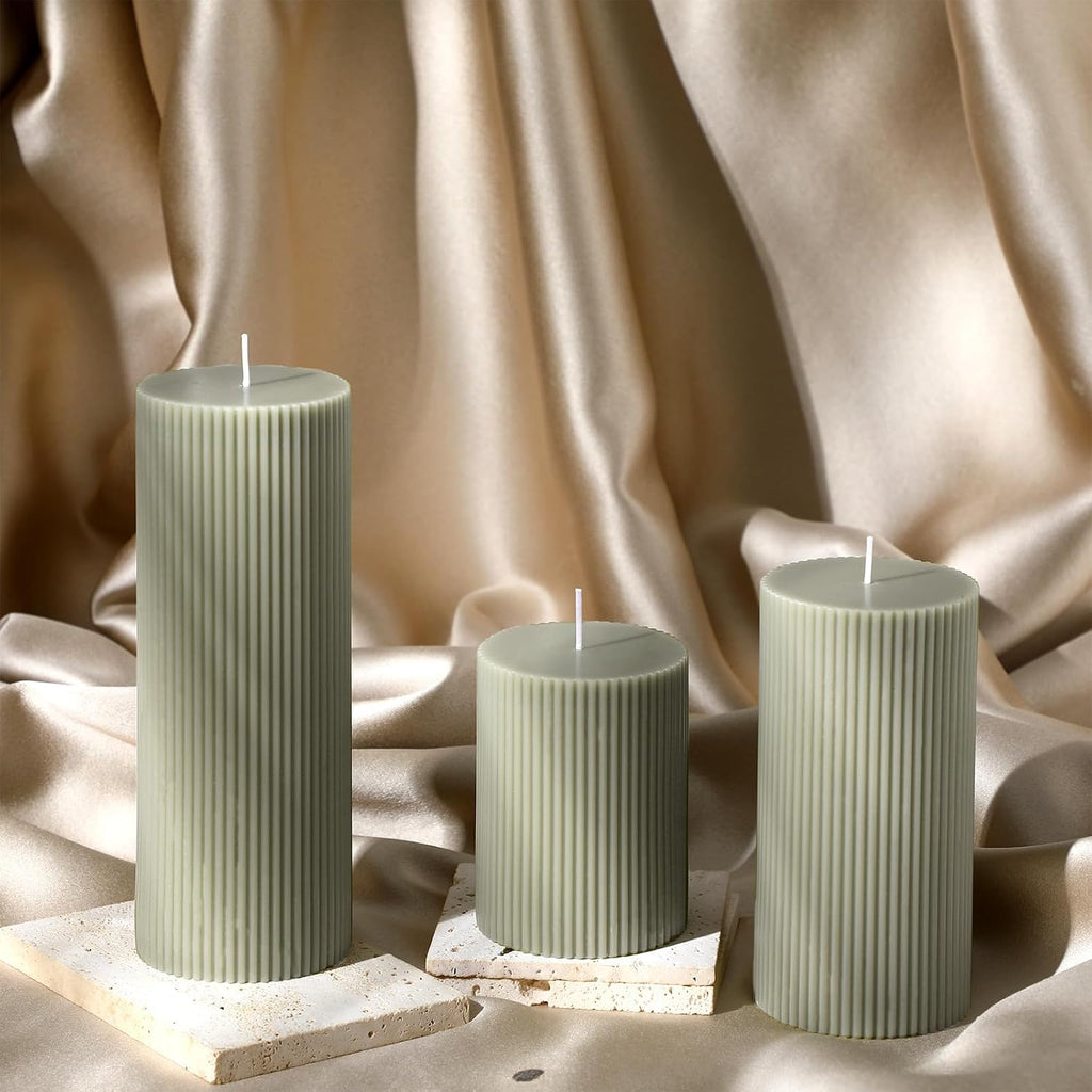 Ribbed Pillar Candles, Width 3" High 4" 6" 8", Bean Green - Set of 3