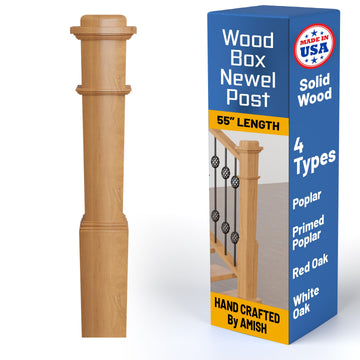 White Oak Box Newel Post 6.25" x 54.8", Hollow Box Newel Wood Balusters for Staircase Interior, Square Design, 3⁄4"