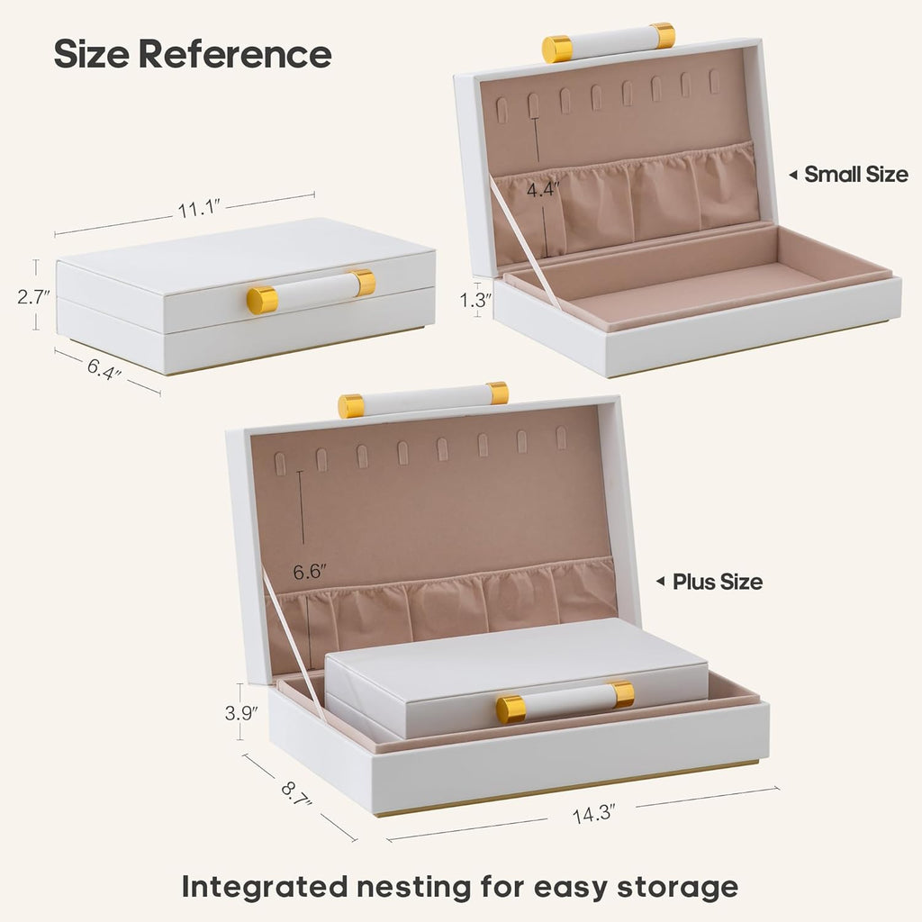 Decorative Storage Boxes with Lids Decor - Large White PU Leather Memory Box for Keepsakes, 8 Necklace Hooks - Set of 2