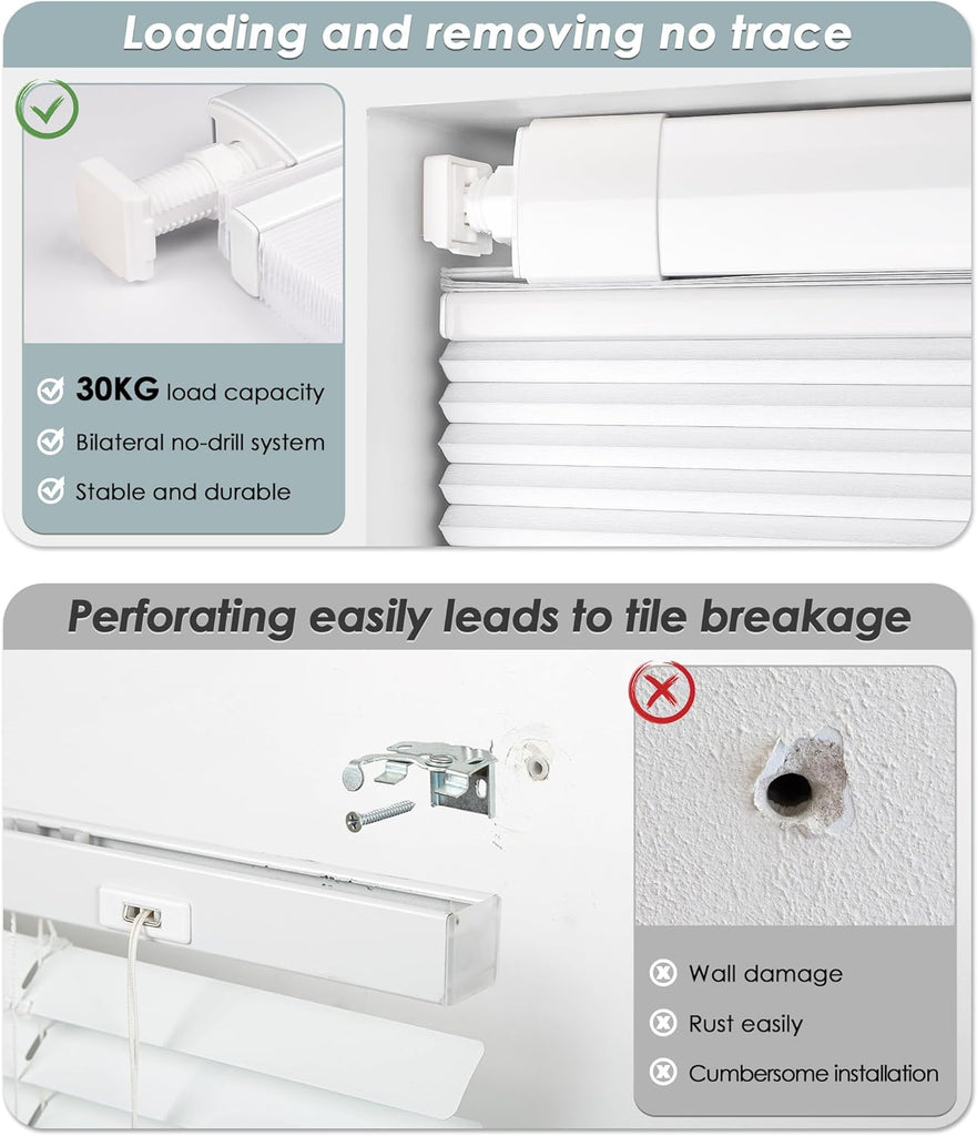 No Drill Cordless Cellular Shades, 20" W x 48" H, White