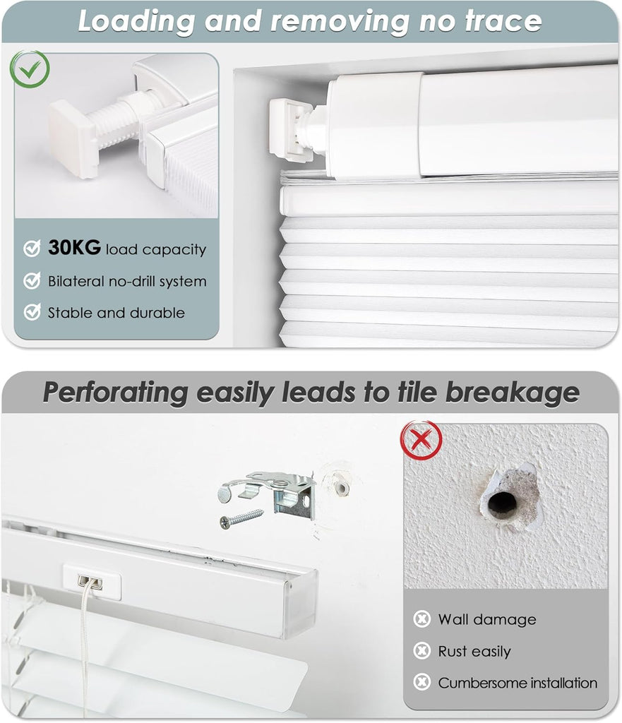 No Drill Cordless Cellular Shades, White | Top Down Bottom Up (TDBU) Honeycomb Shades, Blackout Light Blocking