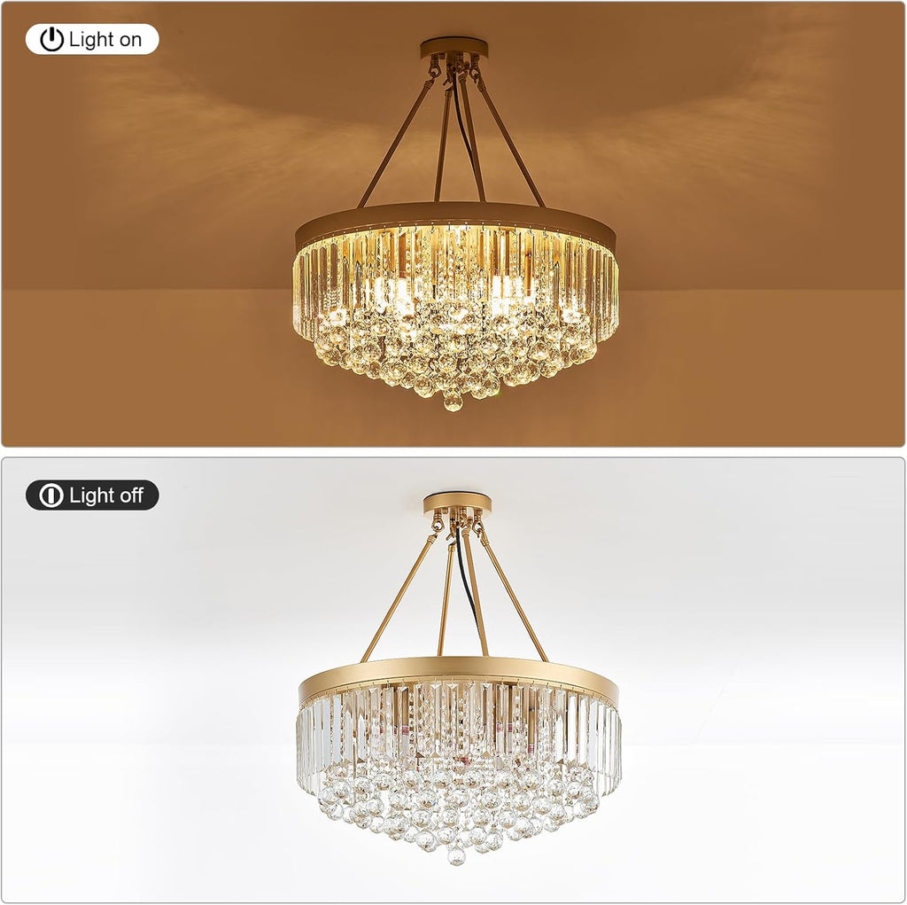 9-Light Gold Crystal Chandelier Contemporary 22'' Modern Semi Flush Mount Crystal Hanging Light Sparkling Decoration