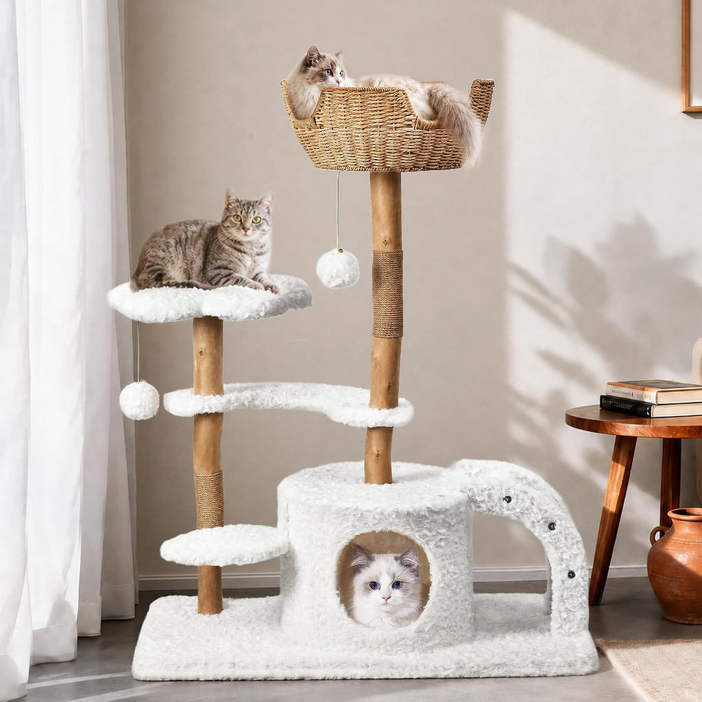 Modern Cat Tree, 45.6" Aesthetic Wood Cat Tree Tower for Large Cats, Luxury Cat Condo with Scratching Posts