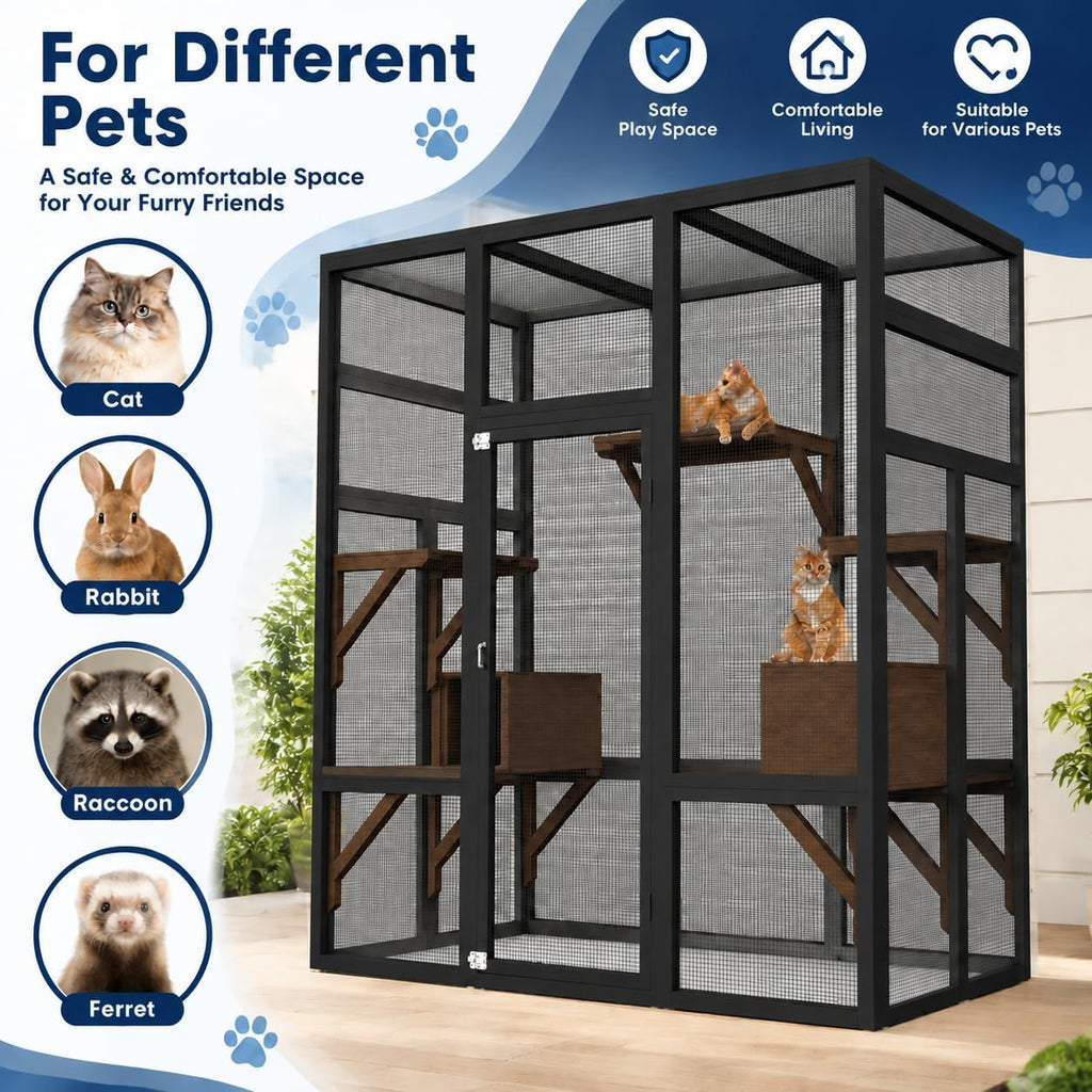70" Catio Outdoor Cat Enclosure, Wooden Patio Cat House, Black
