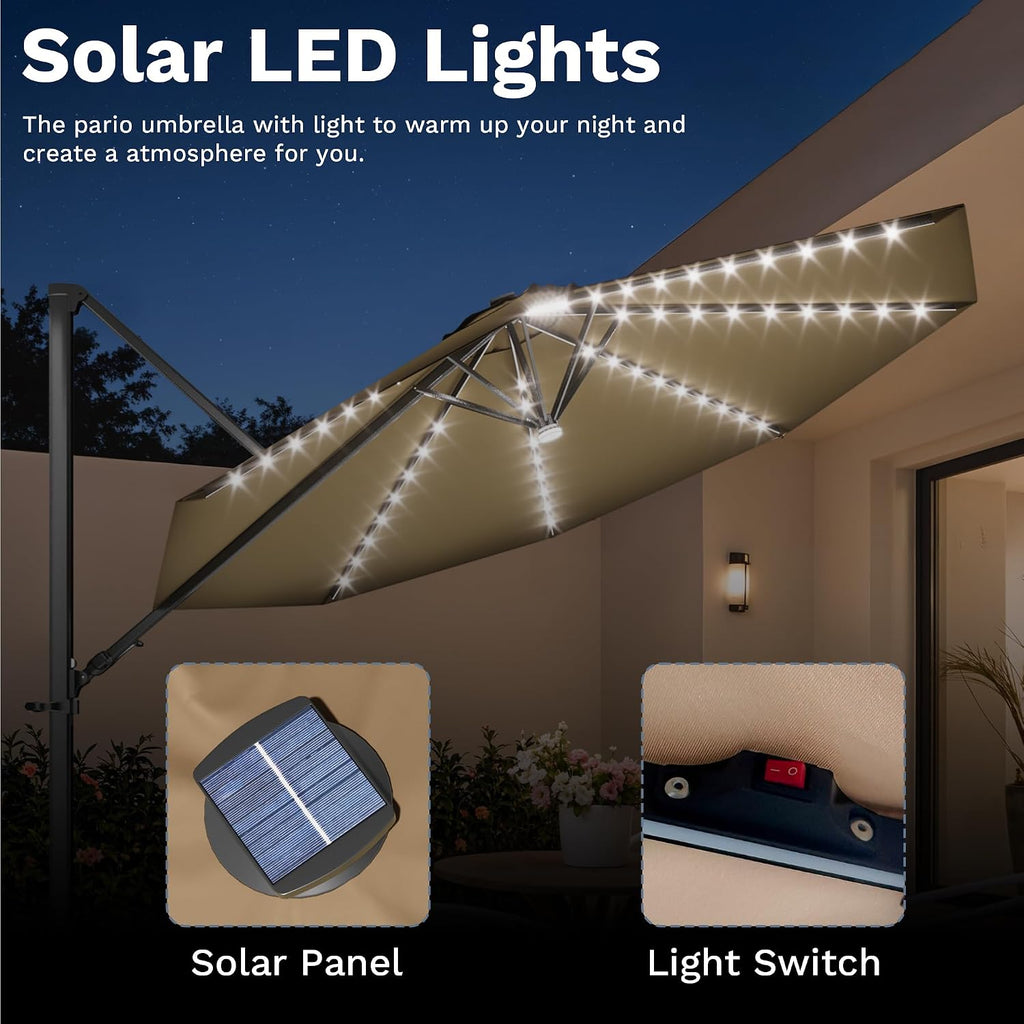 10ft Solar LED Patio Umbrella, Round Cantilever Outdoor Umbrella with Solar Lights and 360-Degree Rotation