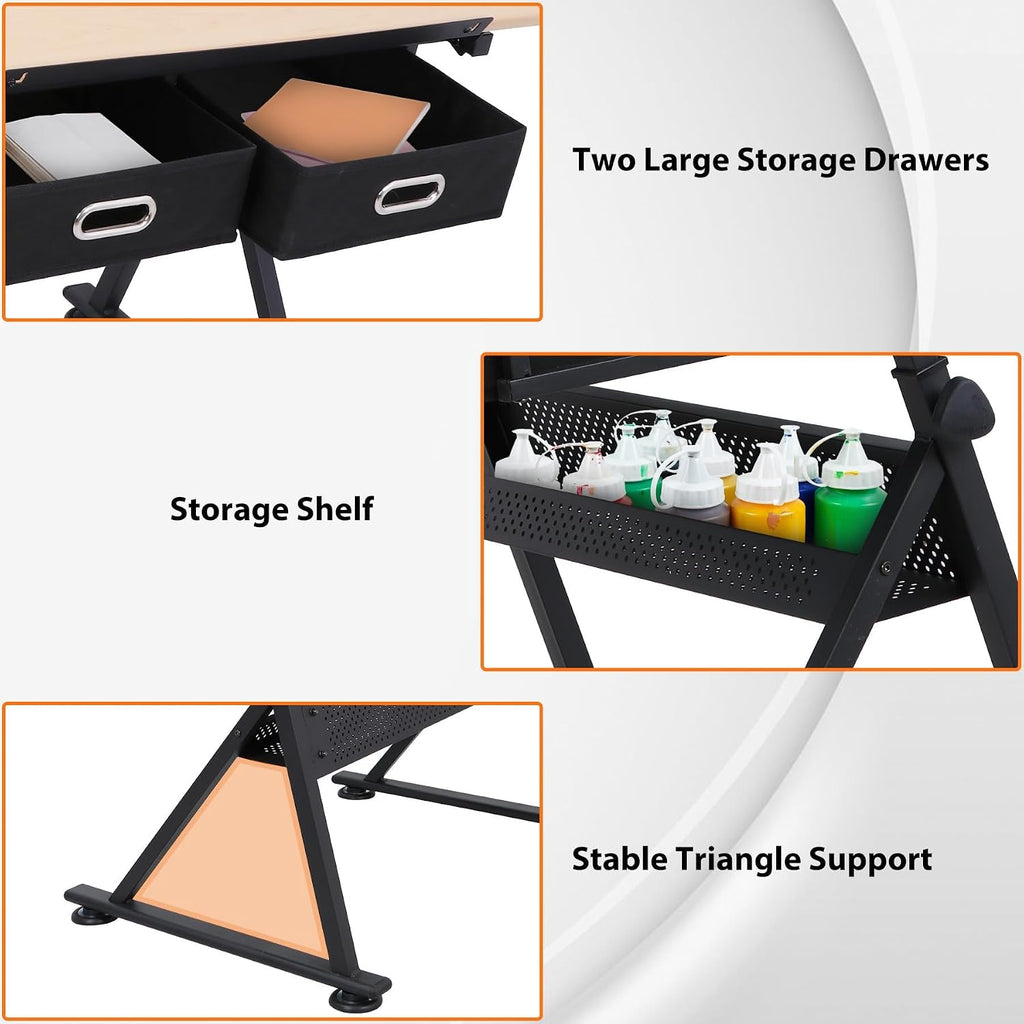 Drafting Table Drawing Desk Art&Craft Work Station Height Adjustable Tilting Tabletop Craft Table Desk w/Stool and 2