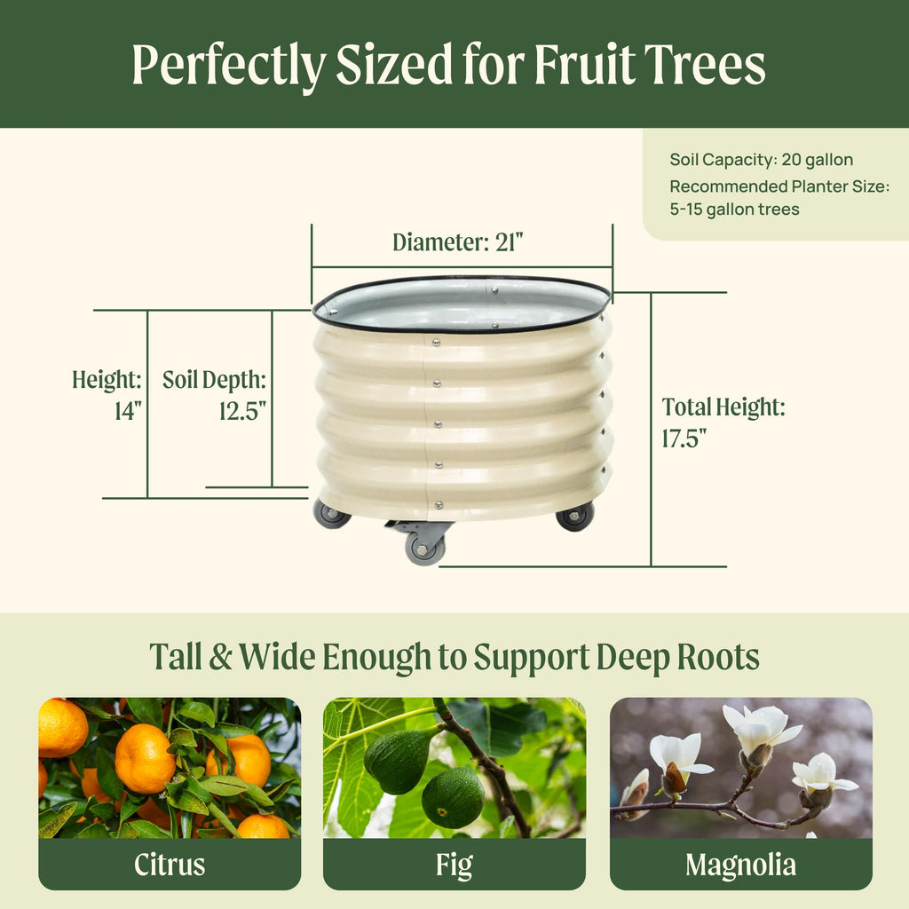 Rolling Metal Citrus Tree Planter Pot, 21′′ Round Planter Box for Porch Patio & Backyard, 20 Gallon Large Planter Pot