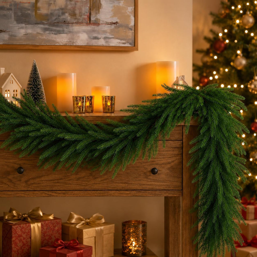 9FT Christmas Norfolk Pine Garland, Real Touch Artificial Greenery Garland, Realistic Faux Pine Garlands for Front