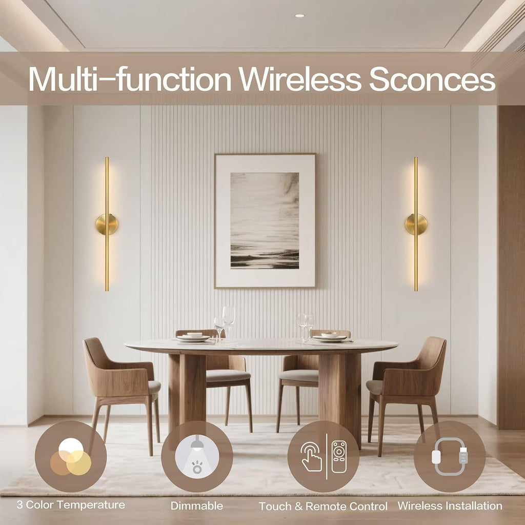 Rechargeable Wall Sconce Set of Two, Modern Wireless Brass Wall Light Sconce with Remote, 28.35Inch Dimmable Indoor