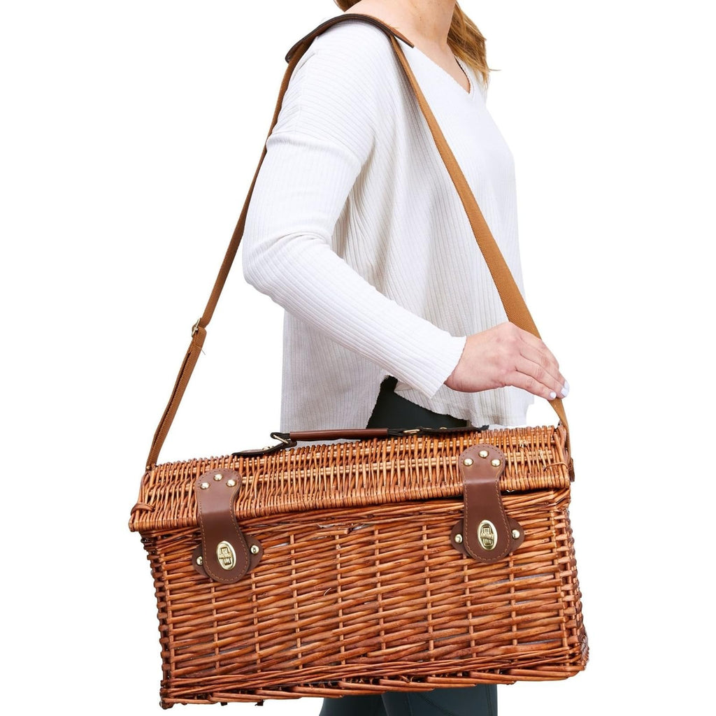 Picnic Basket for 4 People - 18.1 x 12.2 x 10.2 Inches, Brown, Classic - Complete Wicker Picnic Basket Set with