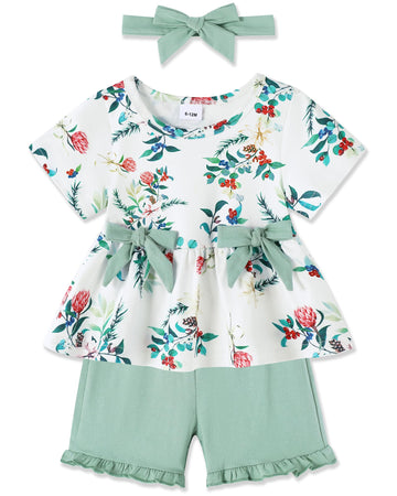 Toddler Baby Girl Clothes Summer Outfits Set, Short Sleeve T-Shirt+Casual Shorts+Headband 3Pcs Infant Girl