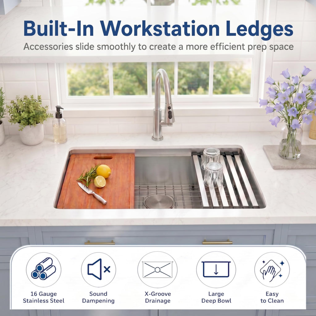 Undermount Kitchen Sink 27 X 18 inch, Single Bowl Workstation Sink