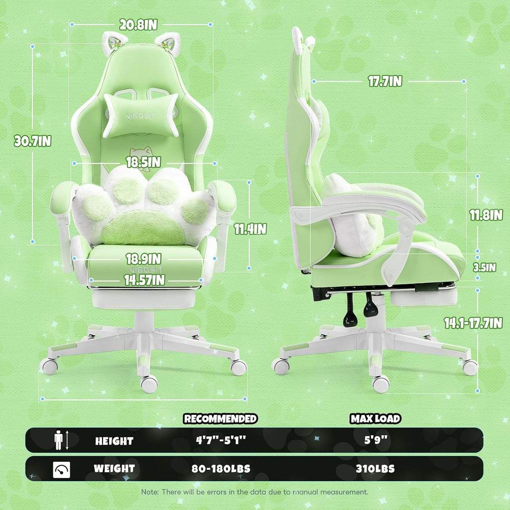 Cute Cat Ears Gaming Chair for Women Girls - Ergonomic PU Leather Office Chair with Footrest cat paw Pillow, 360°
