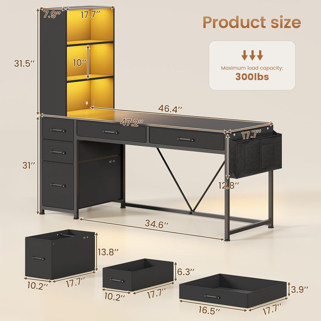 Computer Gaming Desk with 5 Drawers and Bookshelf, Reversible Home Office Desk with Storage Shelves and File Drawer