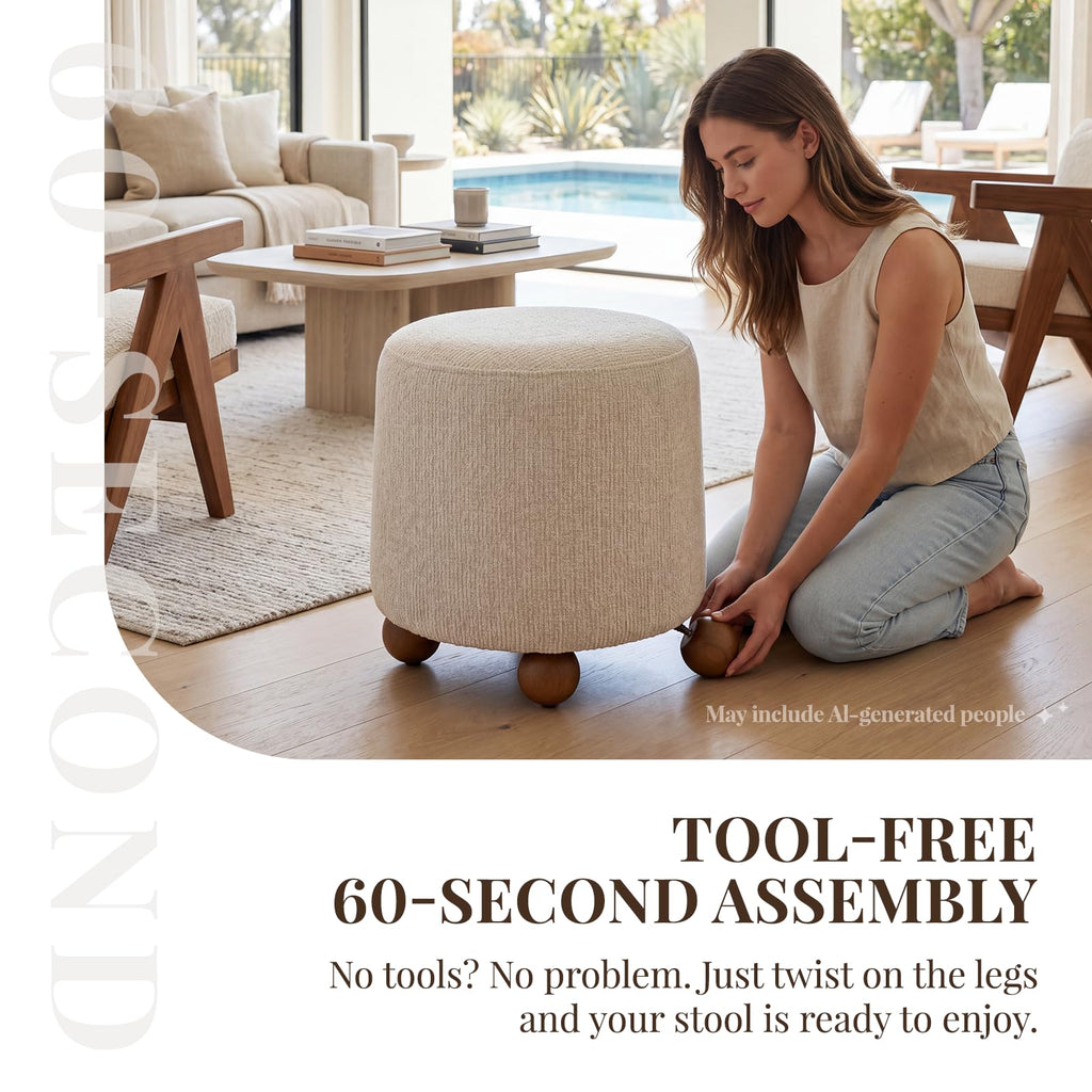 Round Ottoman Linen Foot Stool with Rubberwood Legs