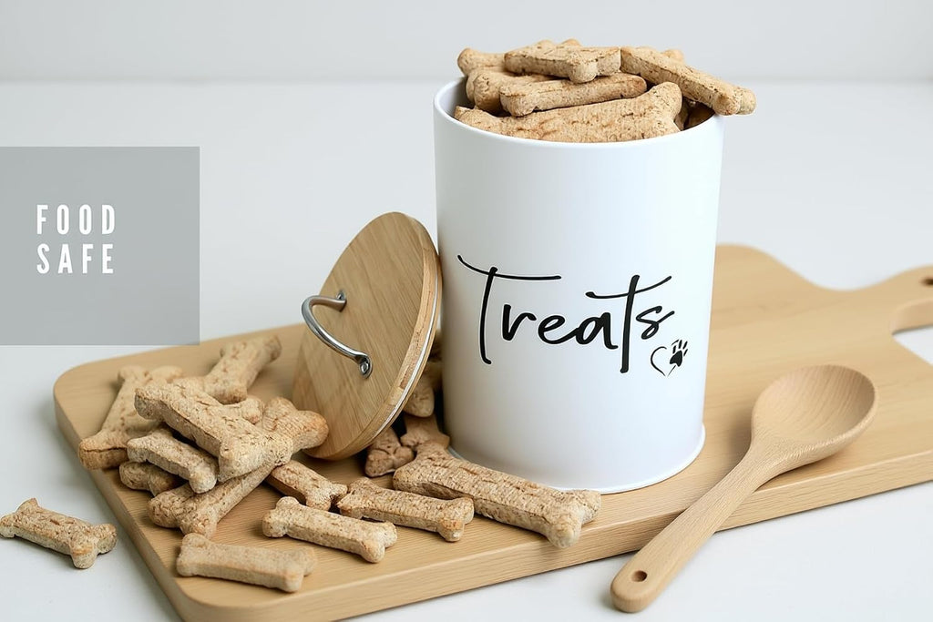 White Dog and Cat Treat Container with Easy to Open Bamboo Lid, 98 oz/12 cups