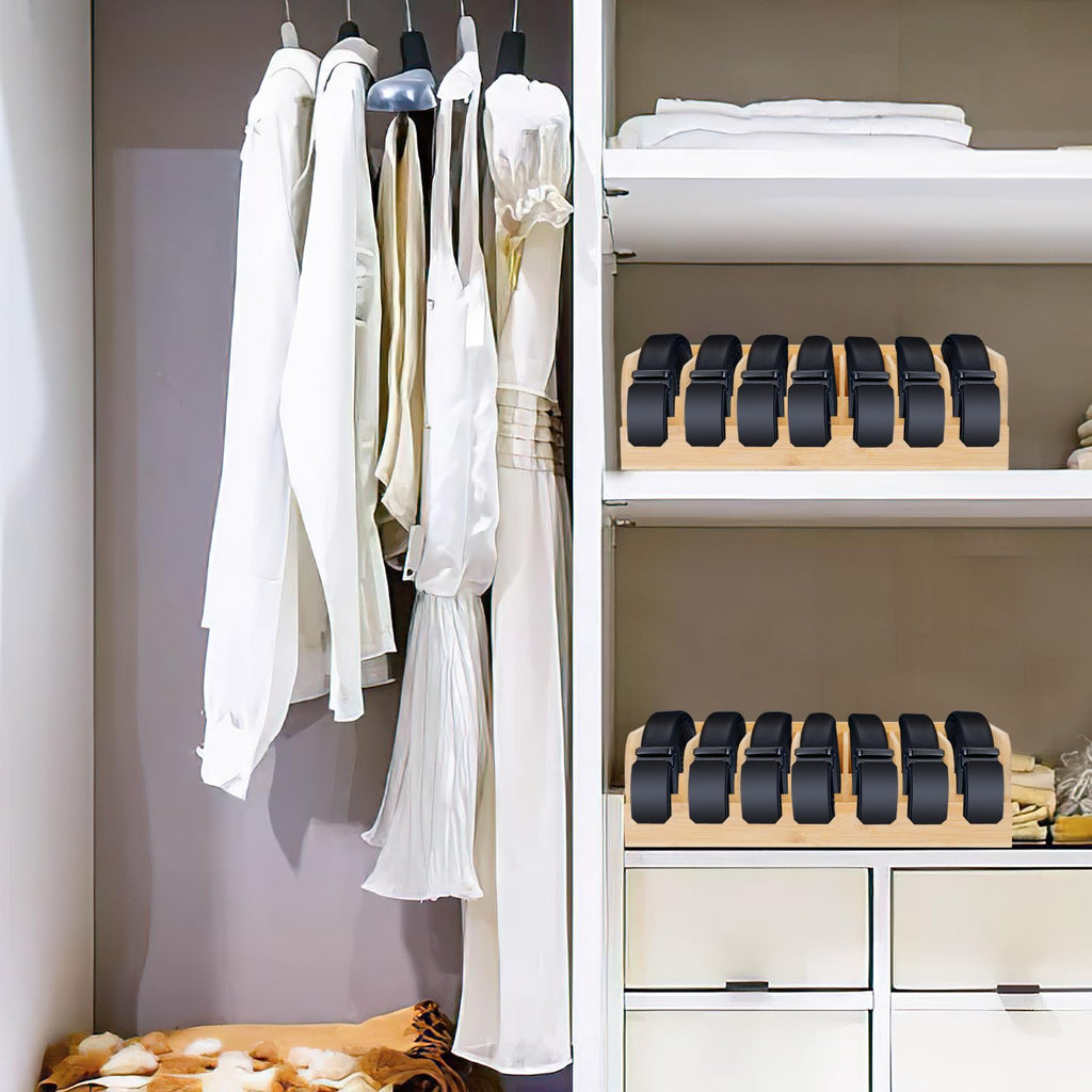 Belt Organizer, 7 Compartments Belt Organizer for Closet and Drawer, Bamboo Display Case for Tie and Belt, Belt