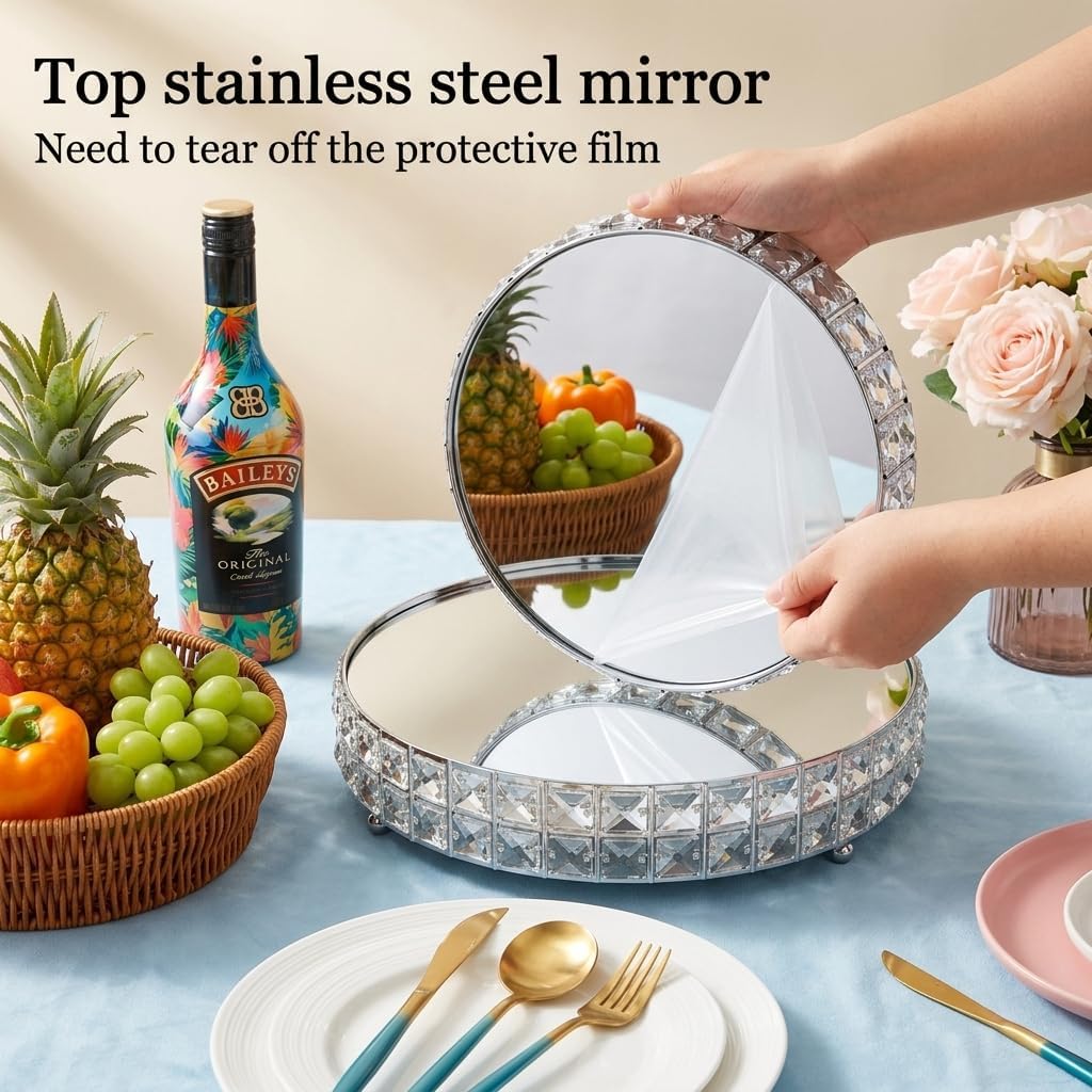 Silver Crystal Cake Stand Set with Mirror Top, 10" & 12" Round Metal Dessert Pedestal with Shining Crystal - Set of 2