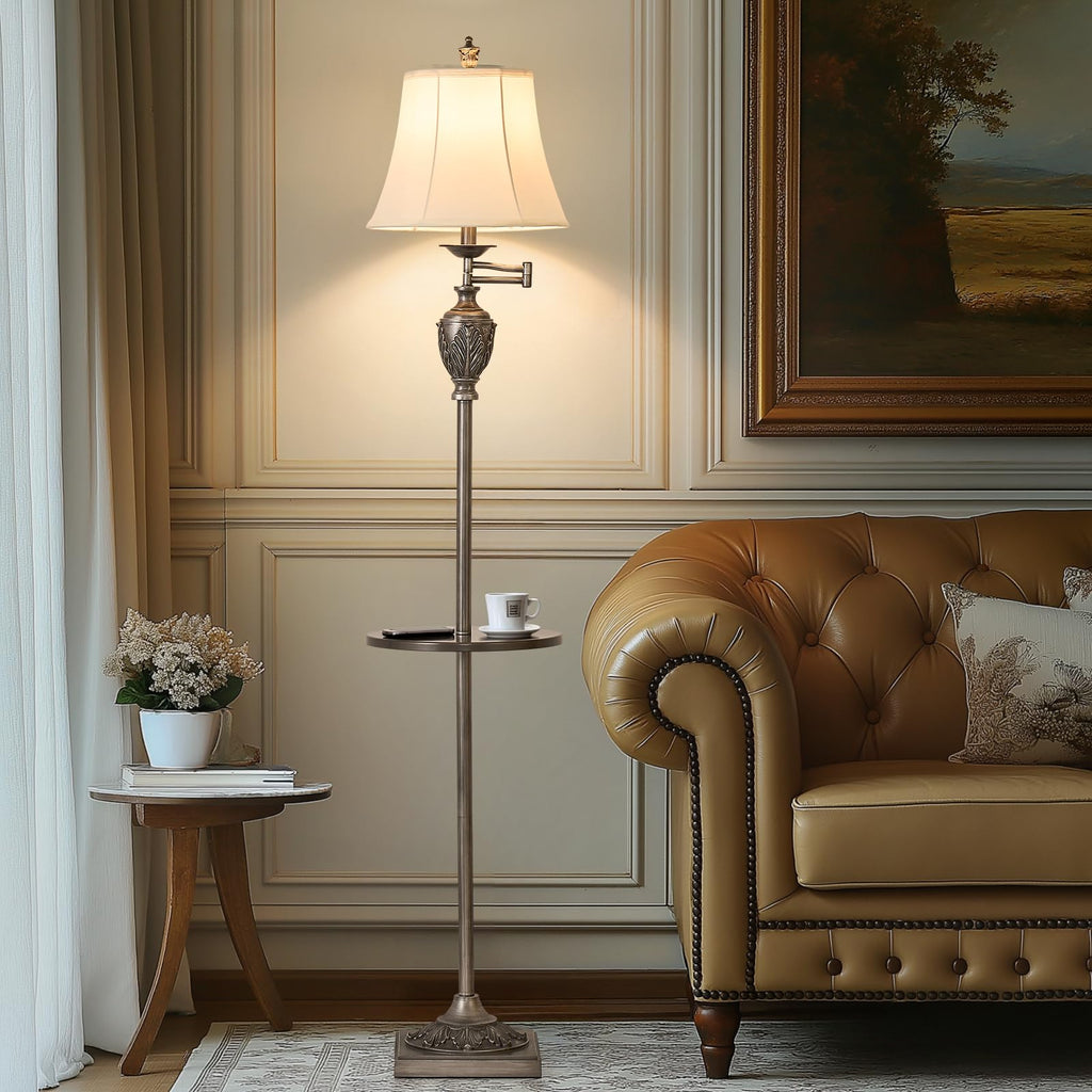 Traditional Floor Lamp with Tray, Remote Dimmable,350° Swing Arm and Silver