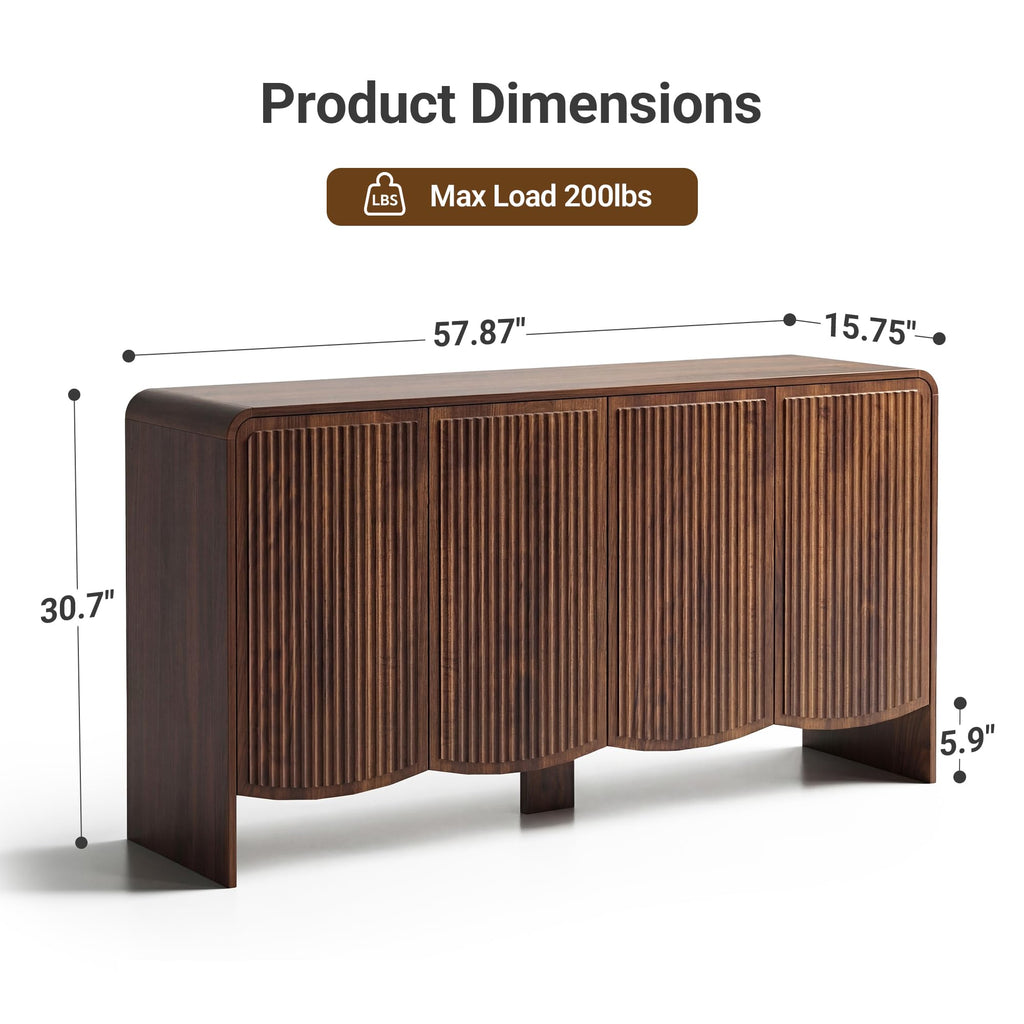 Fluted Sideboard Buffet Cabinet with Storage, 58" Modern Sideboard Cabinet with Curved Design & Adjustable