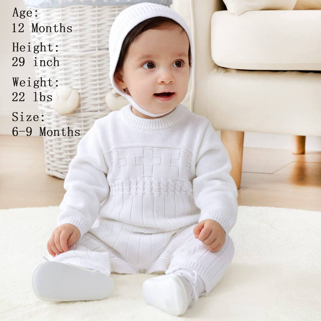 Baby Boy Baptism Outfit Baby Knit Sweater Romper Bonnet