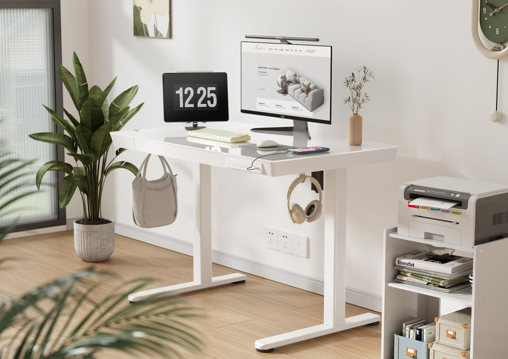 35" Small Glass Standing Desk with Drawers & USB Ports, Whole-Piece Glass Top Adjustable Height Desks, Quick-Install