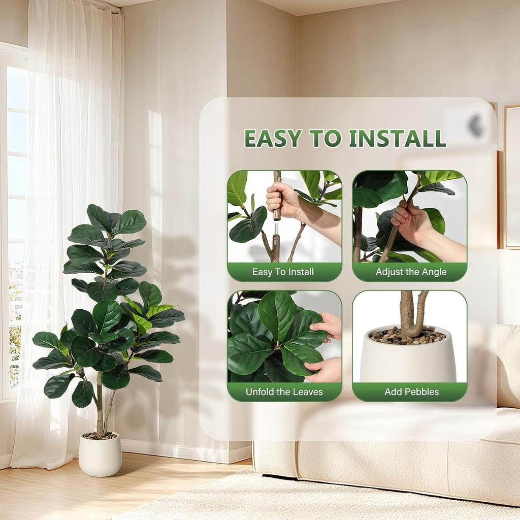 4 ft Fiddle Leaf Fig Tree Artificial with 48 Leaves - Realistic Faux Ficus Lyrata Trees in 7.8 in White Planter Pot