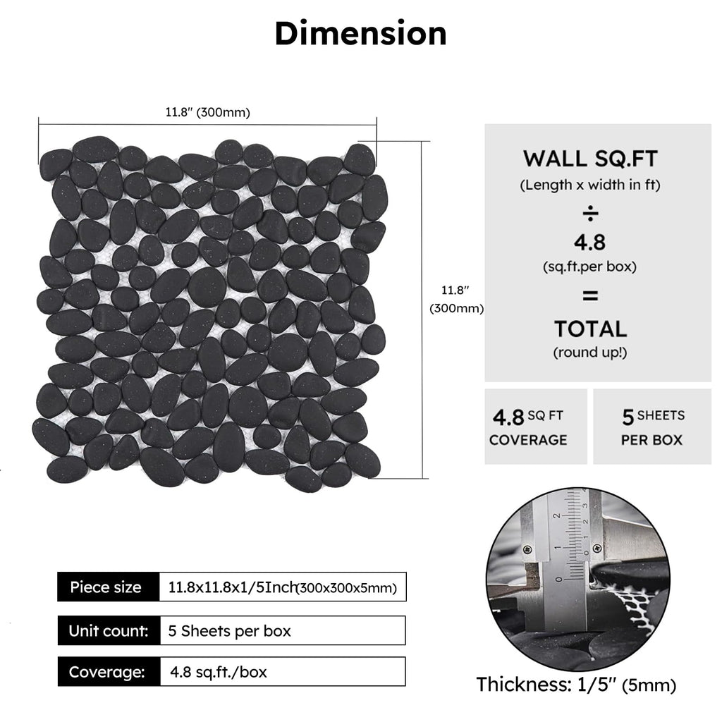Pebble Tile for Shower Floor, Black Oval Tumbled, 5 Sheets