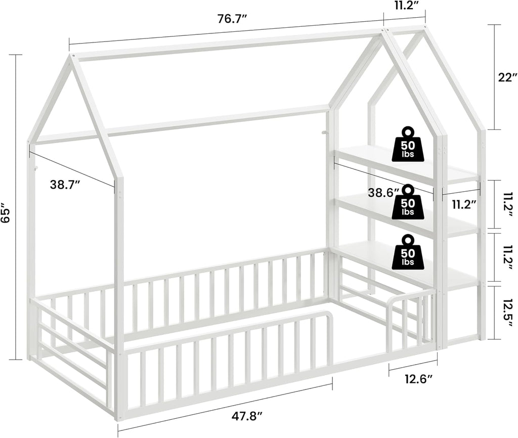 Floor Bed with 3-Tier Shelves, Metal Frame, White