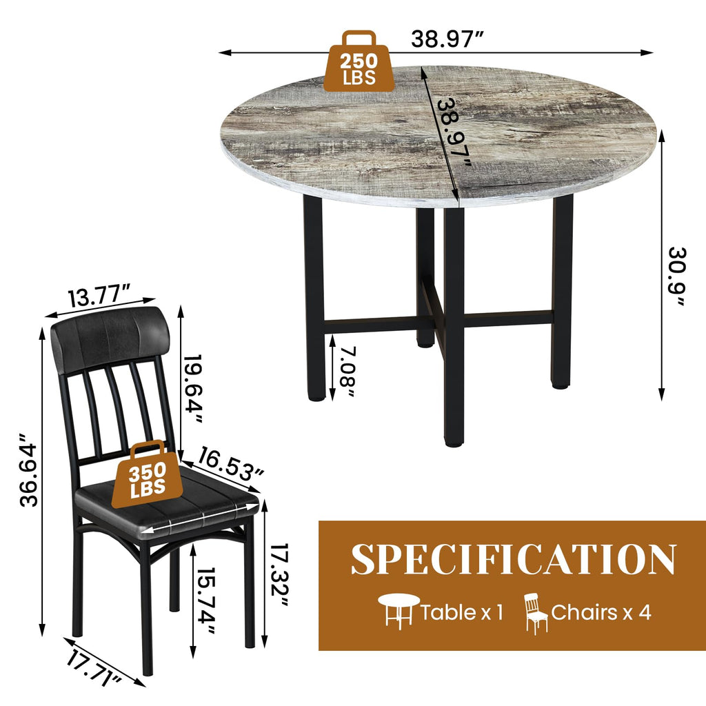 Round Dining Table Set for 4, Wood Table, with 4 Leather Chair, Grey