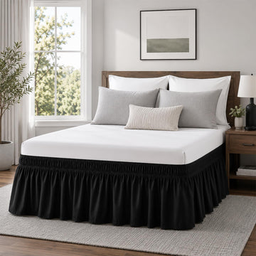 Black King Bed Skirt 14 Inch Drop, Elastic Wrap Dust Ruffle