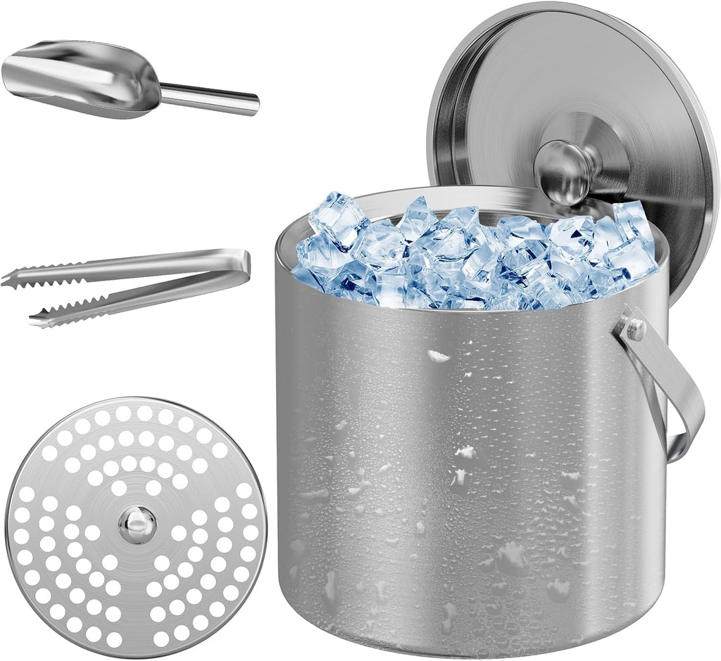 Ice Bucket, Ice Bucket with Lid Ice Tong Ice Scoop and Strainer for Cocktail Parties 3L Stainless Steel Insulated Ice