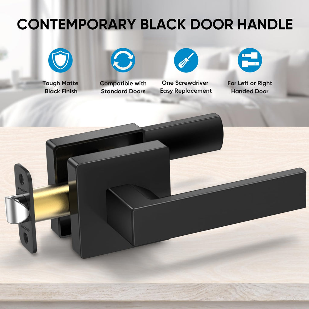 1PK Matte Black Door Handles Interior, Reversible Square Door Levers Knob (No Lock, 1PK Passage)