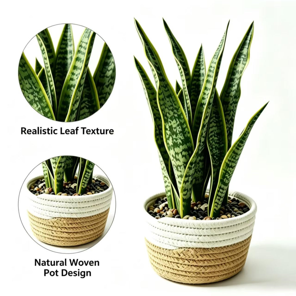 15"Artificial Snake Plant in Handwoven Rattan Planter Sansevieria Faux Indoor Branches with Lush Realistic Green