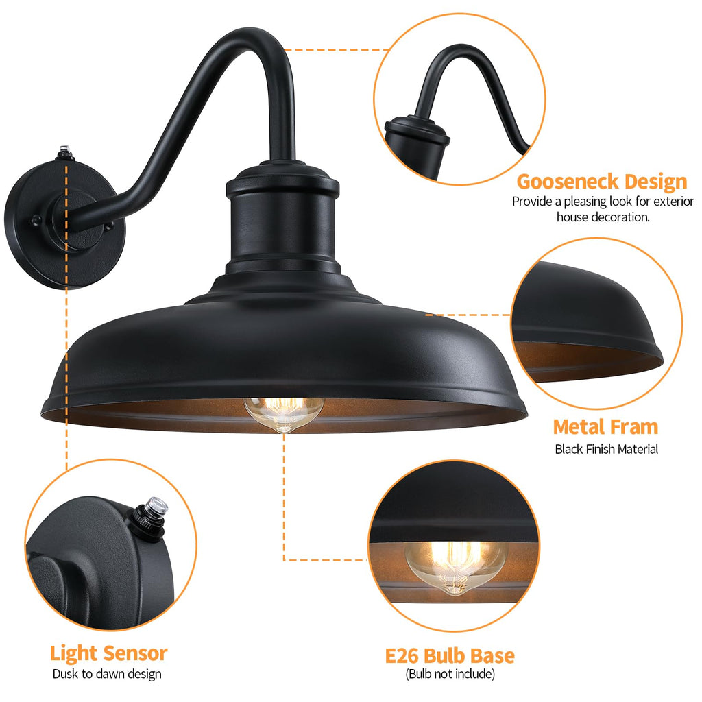 13.8'' Diameter Large Dusk to Dawn Outdoor Gooseneck Barn Light, 2 Packs