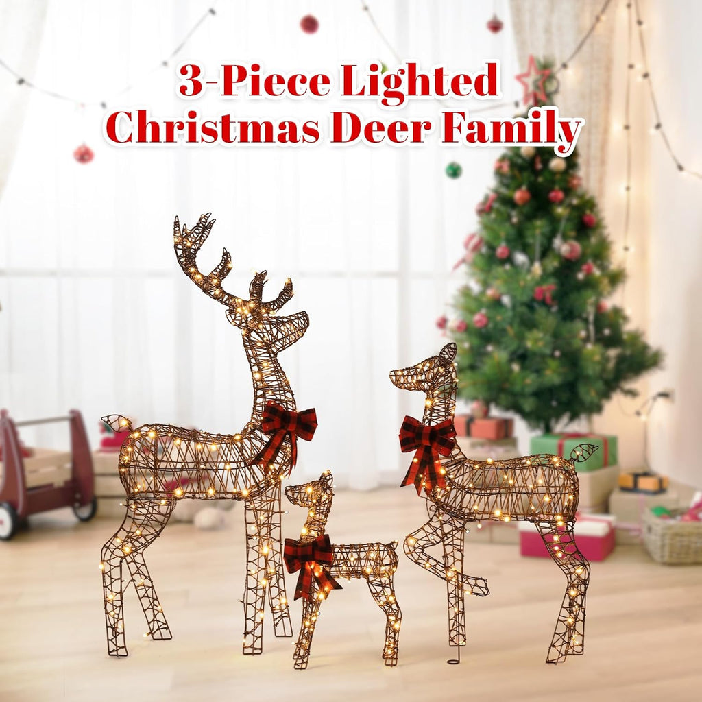 3 Pack 5ft Lighted Reindeer Set Christmas Decor Woven Rattan Style LED Lights Indoor Outdoor Porch Lawn Yard