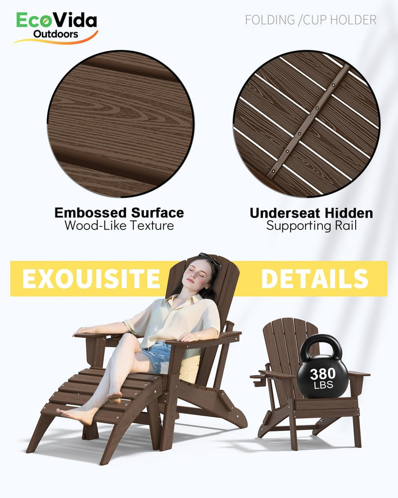 HDPE Folding Adirondack Chair with Cup Holder, Coffee | All-Weather Upgraded, Premium Wood Grain Texture,380lbs
