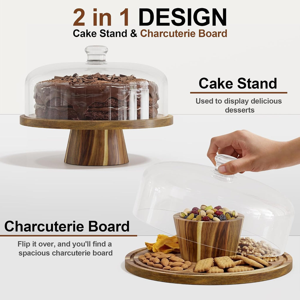 12 Inch Acacia Wood Cake Stand with Lid, 2-in-1 Wooden Cake Plate with Dome & Charcuterie Board, Round Cake Holder