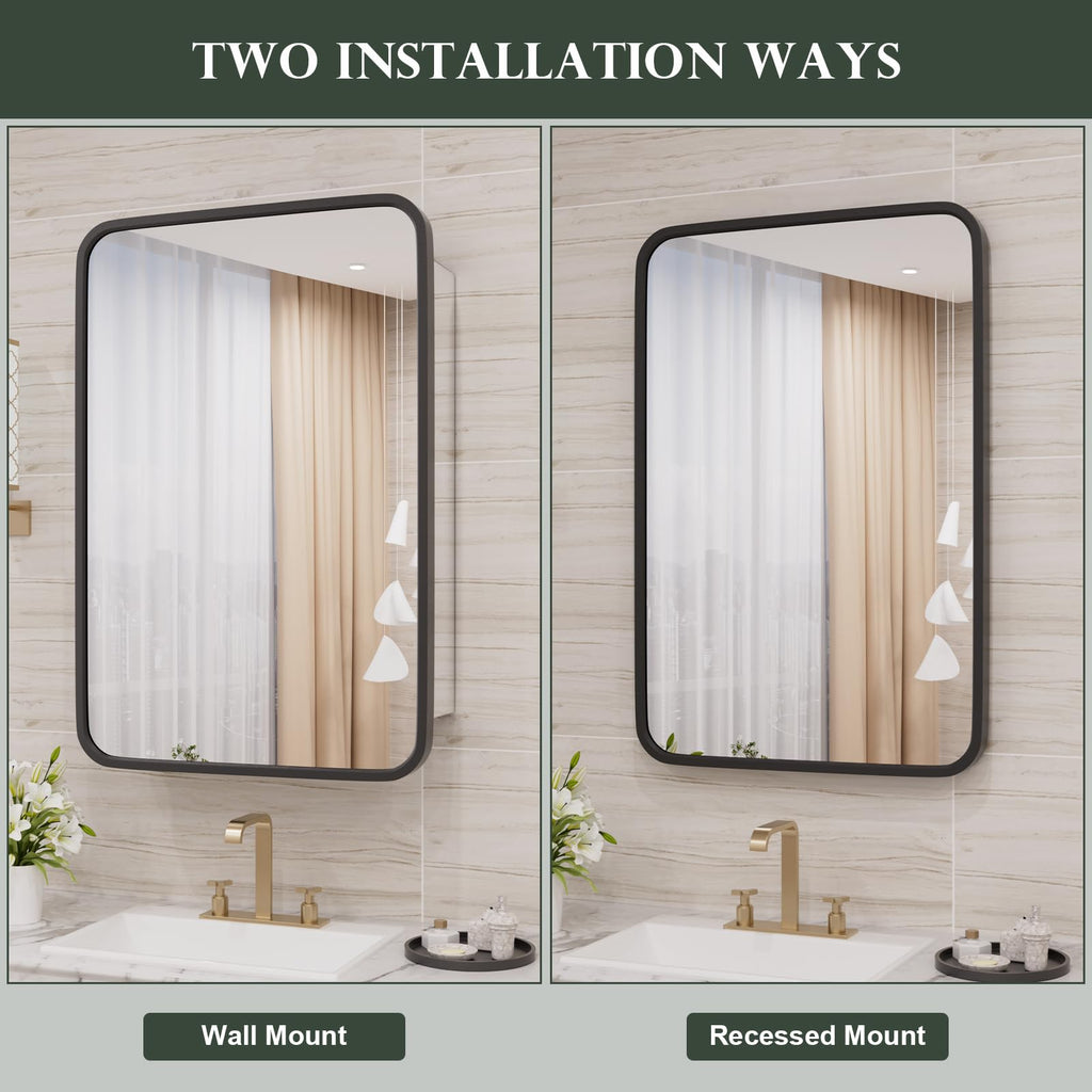 WallByond Bathroom Medicine Cabinet with Mirror, 16x24 Inch Black Recessed Medicine Cabinet with Round Corner