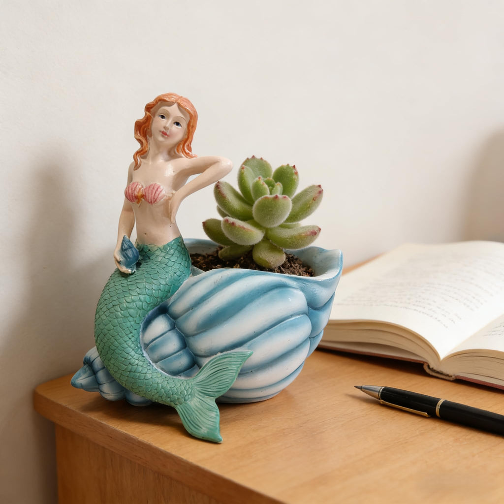 Mermaid Resin Planter Statue, Conch Base Succulent Flower Pot Garden Nautical Decor (Blue)