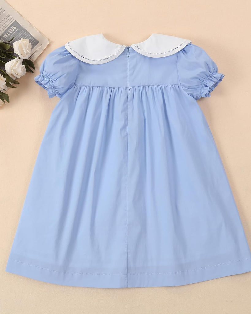 Toddler Baby Girls Casual Cotton Dress with Smocked Flower Collar Kids Vintage Dresses with Shortsleeves for Holiday